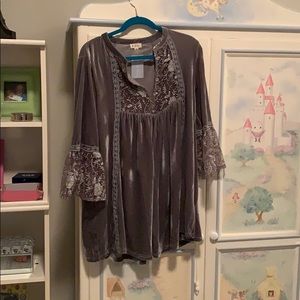 POL grey dress with lace detail and velvet